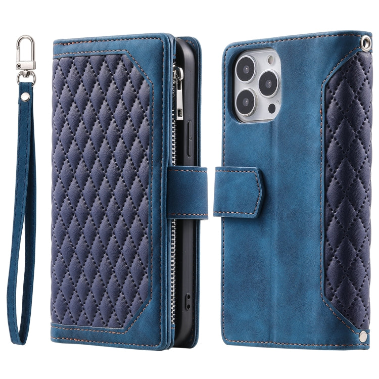 For iPhone 16 Pro Max Grid Texture Zipper Leather Phone Case with Lanyard(Blue) - iPhone 16 Pro Max Cases by PMC TechLife | Online Shopping South Africa | PMC TechLife | Buy Now Pay Later Mobicred
