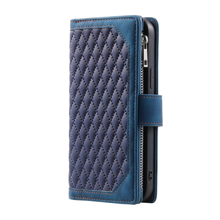 For iPhone 16 Pro Max Grid Texture Zipper Leather Phone Case with Lanyard(Blue) - iPhone 16 Pro Max Cases by PMC TechLife | Online Shopping South Africa | PMC TechLife | Buy Now Pay Later Mobicred