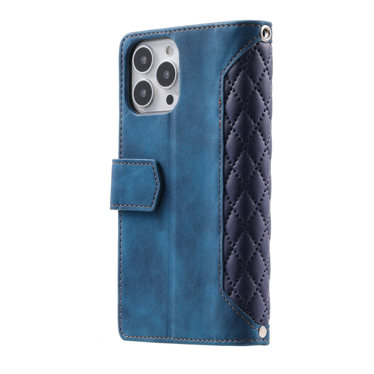 For iPhone 16 Pro Max Grid Texture Zipper Leather Phone Case with Lanyard(Blue) - iPhone 16 Pro Max Cases by PMC TechLife | Online Shopping South Africa | PMC TechLife | Buy Now Pay Later Mobicred