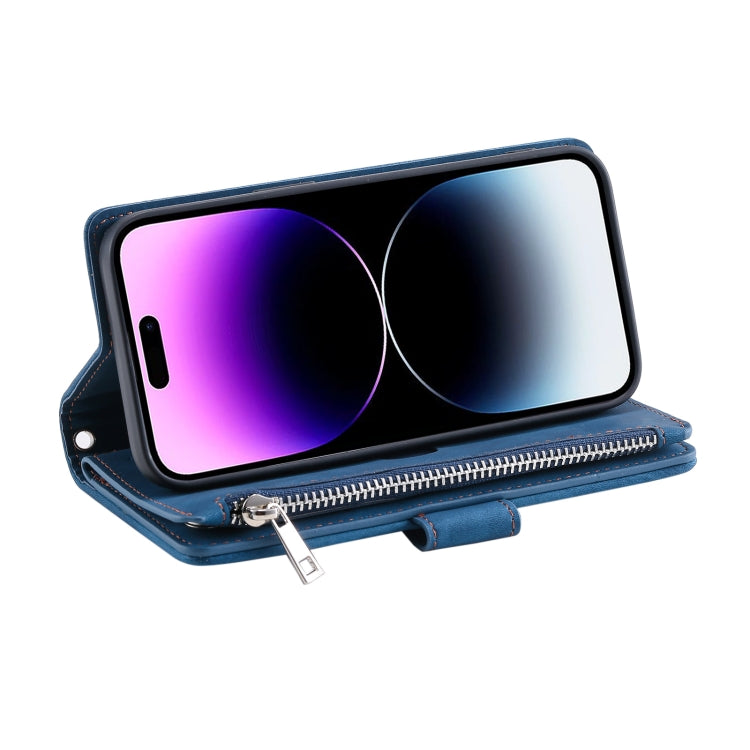 For iPhone 16 Pro Max Grid Texture Zipper Leather Phone Case with Lanyard(Blue) - iPhone 16 Pro Max Cases by PMC TechLife | Online Shopping South Africa | PMC TechLife | Buy Now Pay Later Mobicred