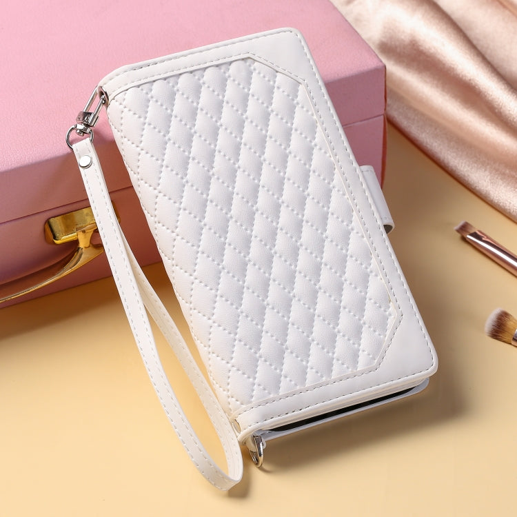 For iPhone 16 Pro Grid Texture Zipper Leather Phone Case with Lanyard(White) - free shipping - PMC TechLife - Order now!
