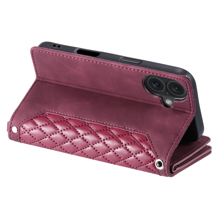 For iPhone 16 Grid Texture Zipper Leather Phone Case with Lanyard(Wine Red) - iPhone 16 Cases by PMC TechLife | Online Shopping South Africa | PMC TechLife | Buy Now Pay Later Mobicred