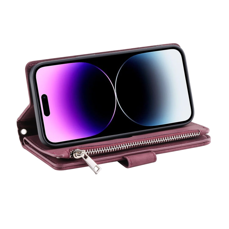 For iPhone 16 Grid Texture Zipper Leather Phone Case with Lanyard(Wine Red) - iPhone 16 Cases by PMC TechLife | Online Shopping South Africa | PMC TechLife | Buy Now Pay Later Mobicred