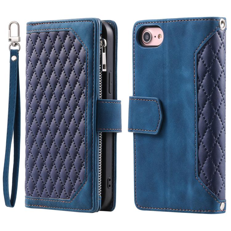 For iPhone 16e Grid Texture Zipper Leather Phone Case with Lanyard(Blue) - iPhone 16e Cases by PMC TechLife | Online Shopping South Africa | PMC TechLife | Buy Now Pay Later Mobicred