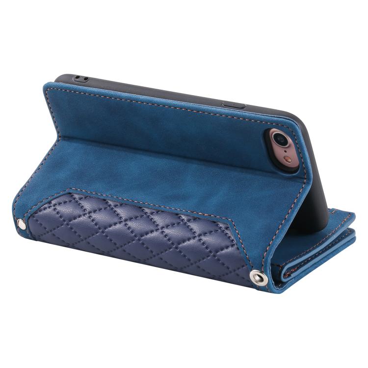For iPhone 16e Grid Texture Zipper Leather Phone Case with Lanyard(Blue) - iPhone 16e Cases by PMC TechLife | Online Shopping South Africa | PMC TechLife | Buy Now Pay Later Mobicred