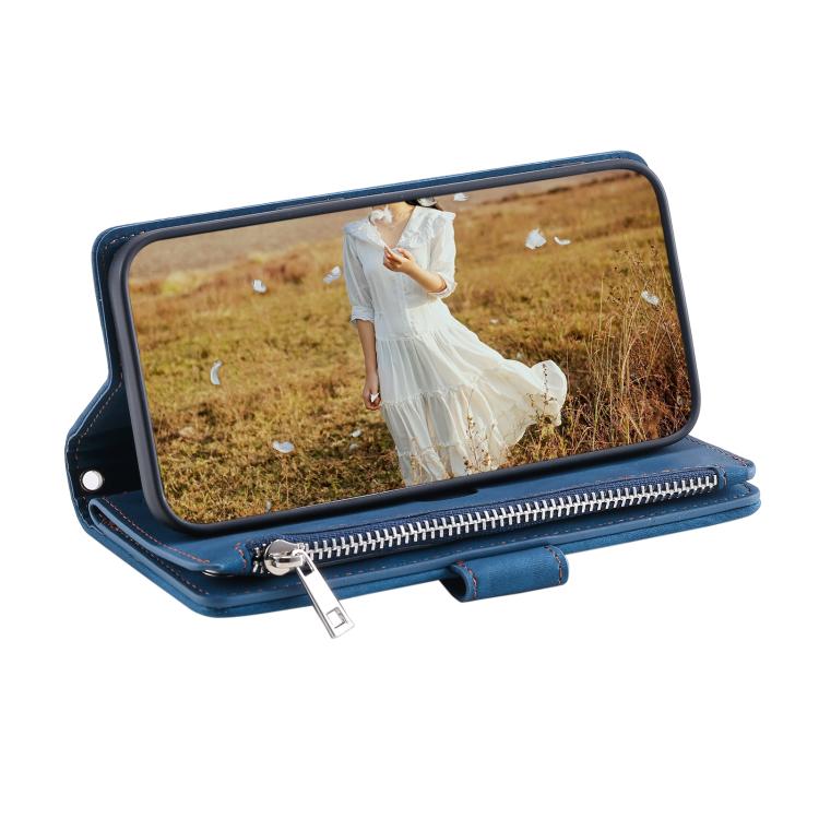 For iPhone 16e Grid Texture Zipper Leather Phone Case with Lanyard(Blue) - iPhone 16e Cases by PMC TechLife | Online Shopping South Africa | PMC TechLife | Buy Now Pay Later Mobicred