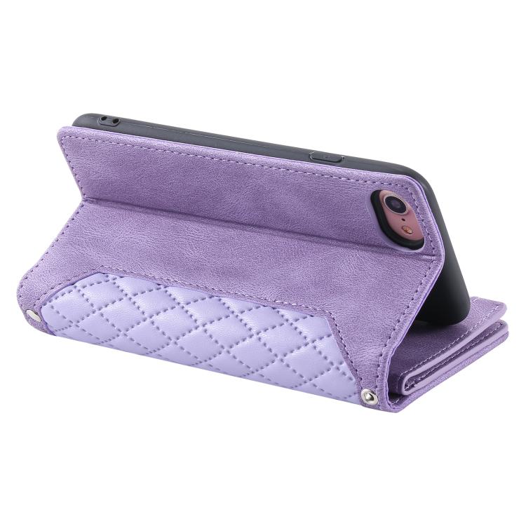 For iPhone 16e Grid Texture Zipper Leather Phone Case with Lanyard(Purple) - iPhone 16e Cases by PMC TechLife | Online Shopping South Africa | PMC TechLife | Buy Now Pay Later Mobicred
