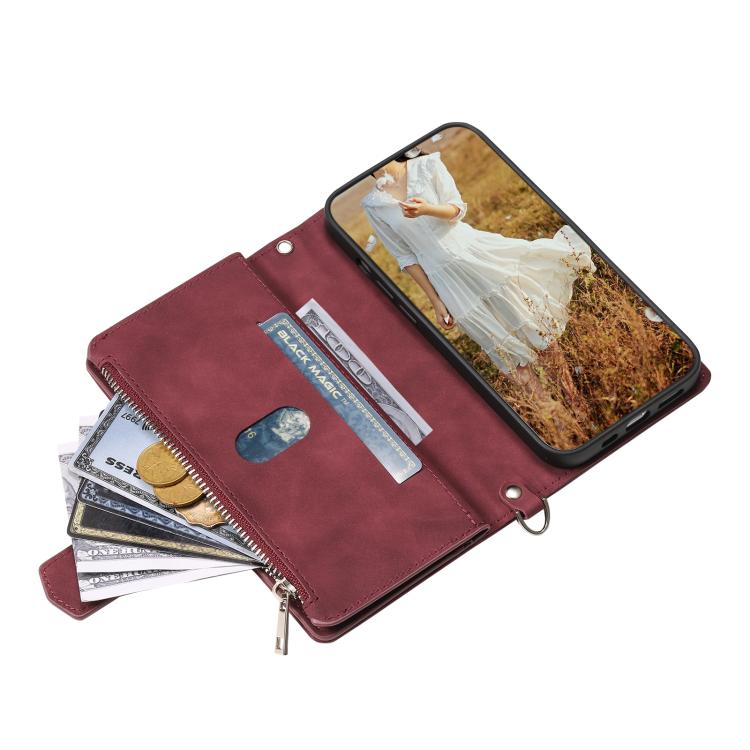 For iPhone 16e Grid Texture Zipper Leather Phone Case with Lanyard(Wine Red) - iPhone 16e Cases by PMC TechLife | Online Shopping South Africa | PMC TechLife | Buy Now Pay Later Mobicred
