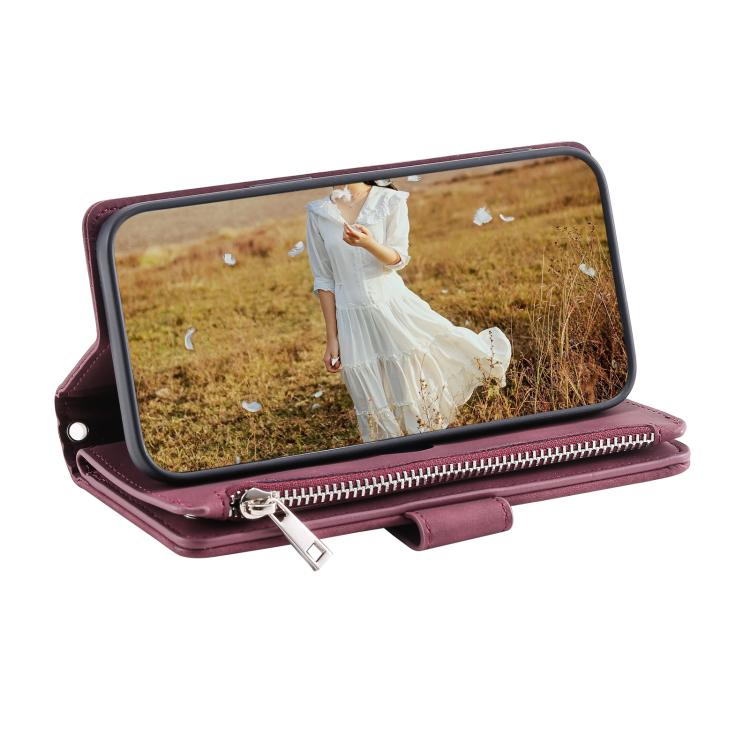 For iPhone 16e Grid Texture Zipper Leather Phone Case with Lanyard(Wine Red) - iPhone 16e Cases by PMC TechLife | Online Shopping South Africa | PMC TechLife | Buy Now Pay Later Mobicred