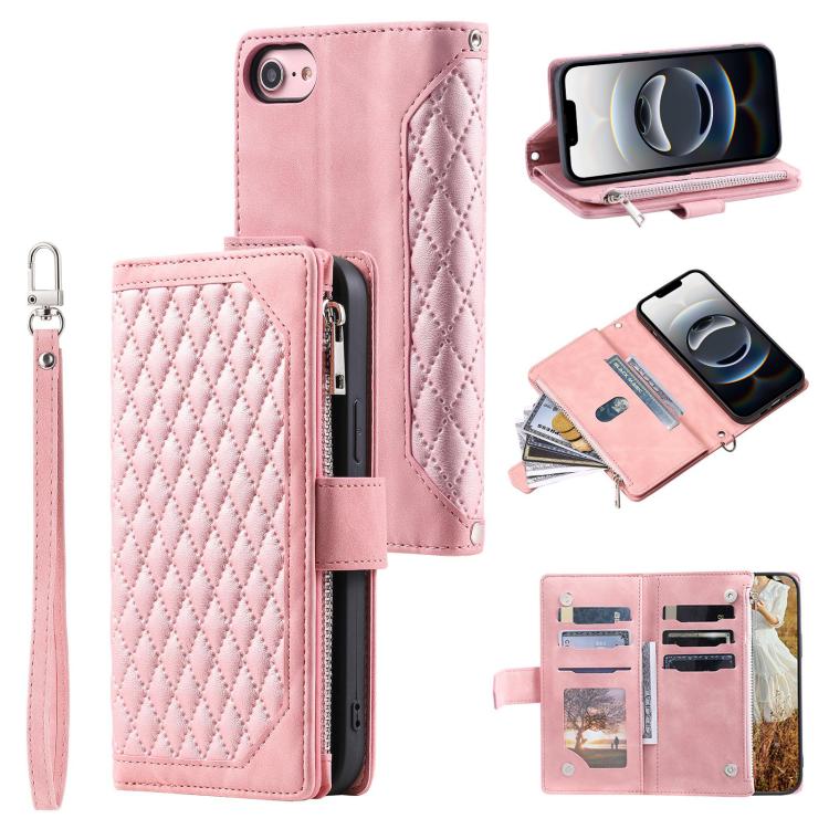 For iPhone 16e Grid Texture Zipper Leather Phone Case with Lanyard(Rose Gold) - iPhone 16e Cases by PMC TechLife | Online Shopping South Africa | PMC TechLife | Buy Now Pay Later Mobicred