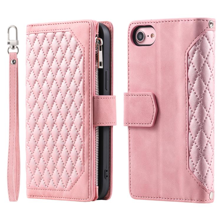 For iPhone 16e Grid Texture Zipper Leather Phone Case with Lanyard(Rose Gold) - iPhone 16e Cases by PMC TechLife | Online Shopping South Africa | PMC TechLife | Buy Now Pay Later Mobicred