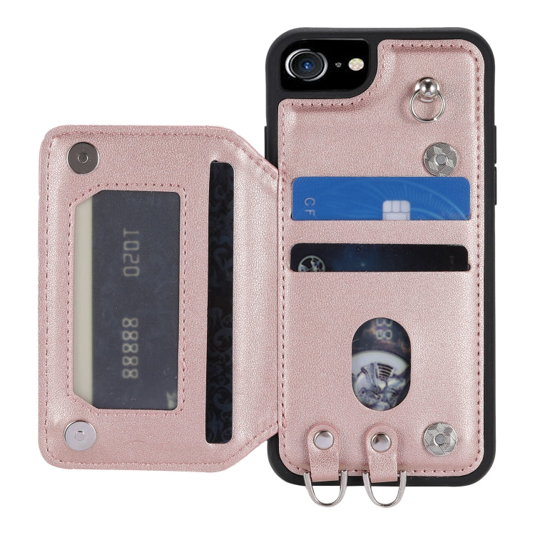 For iPhone SE 2022 / 2020 / 8 / 7 Grid Texture Card Bag Phone Case with Lanyard(Rose Gold) - iPhone SE 2022 / 2020 / 8 / 7 Cases by PMC TechLife | Online Shopping South Africa | PMC TechLife