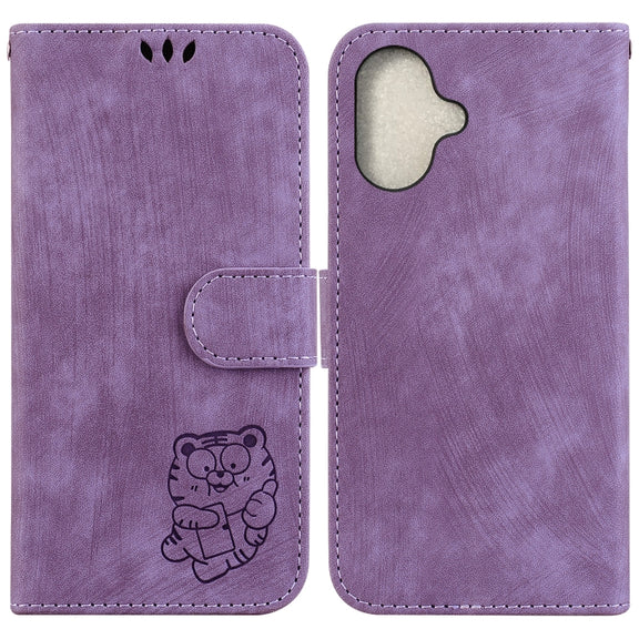 For iPhone 16 Little Tiger Embossed Leather Phone Case(Purple)