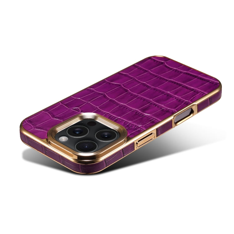For iPhone 16 Pro Denior Crocodile Texture Genuine Leather Electroplating Phone Case(Purple)