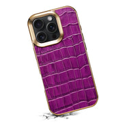 For iPhone 16 Pro Denior Crocodile Texture Genuine Leather Electroplating Phone Case(Purple)