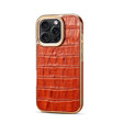 For iPhone 16 Pro Denior Crocodile Texture Genuine Leather Electroplating Phone Case(Mocha Brown) - More iPhone Cases by Denior | Online Shopping South Africa | PMC TechLife | Buy Now Pay Later Mobicred