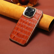 For iPhone 16 Pro Denior Crocodile Texture Genuine Leather Electroplating Phone Case(Mocha Brown)