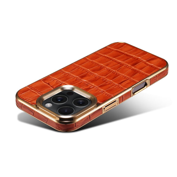 For iPhone 16 Pro Denior Crocodile Texture Genuine Leather Electroplating Phone Case(Mocha Brown)