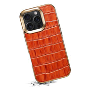For iPhone 16 Pro Denior Crocodile Texture Genuine Leather Electroplating Phone Case(Mocha Brown)