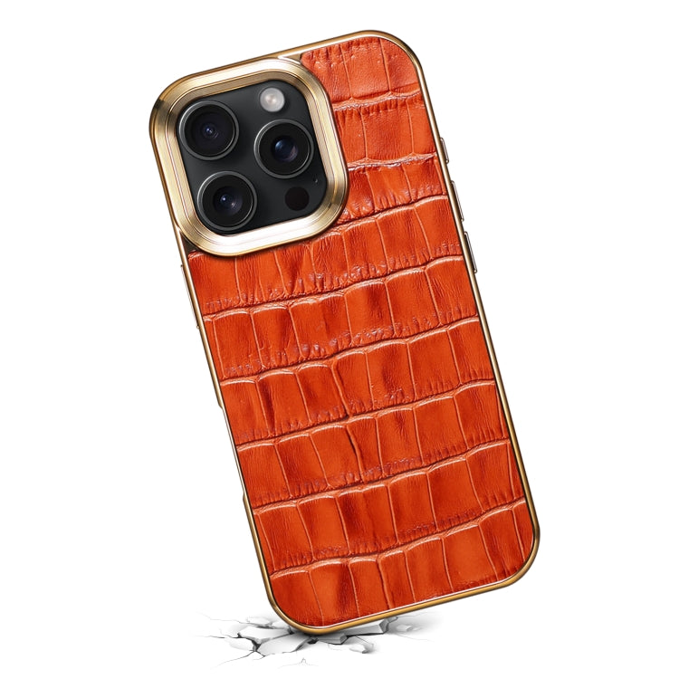 For iPhone 16 Pro Denior Crocodile Texture Genuine Leather Electroplating Phone Case(Mocha Brown)