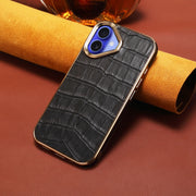 For iPhone 16 Plus Denior Crocodile Texture Genuine Leather Electroplating Phone Case(Black)