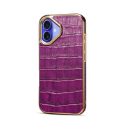 For iPhone 16 Denior Crocodile Texture Genuine Leather Electroplating Phone Case(Purple)