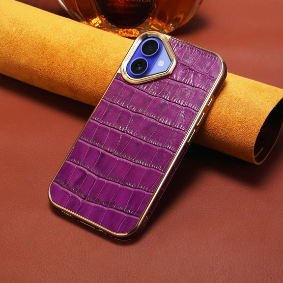 For iPhone 16 Denior Crocodile Texture Genuine Leather Electroplating Phone Case(Purple)