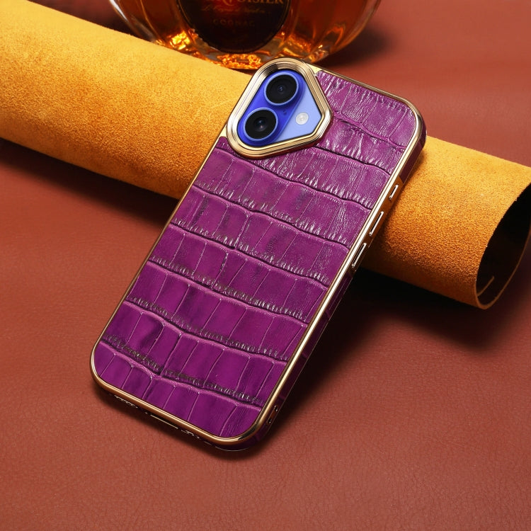 For iPhone 16 Denior Crocodile Texture Genuine Leather Electroplating Phone Case(Purple)