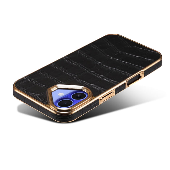 For iPhone 16 Denior Crocodile Texture Genuine Leather Electroplating Phone Case(Black)