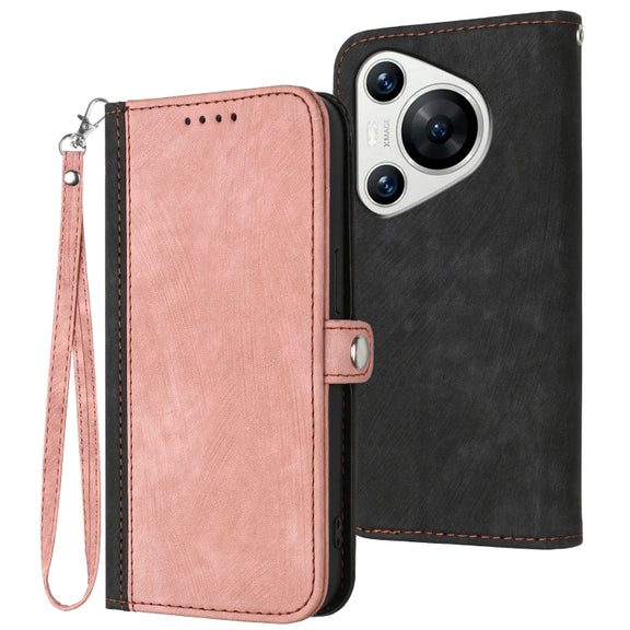For Huawei Pura 70 Pro / Pura 70 Pro+ Side Buckle Double Fold Hand Strap Leather Phone Case(Pink)