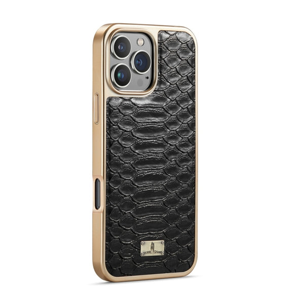For iPhone 16 Pro Max Fierre Shann Python Texture Electroplating PU Phone Case(Black)
