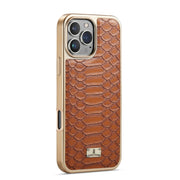 For iPhone 16 Pro Fierre Shann Python Texture Electroplating PU Phone Case(Brown)