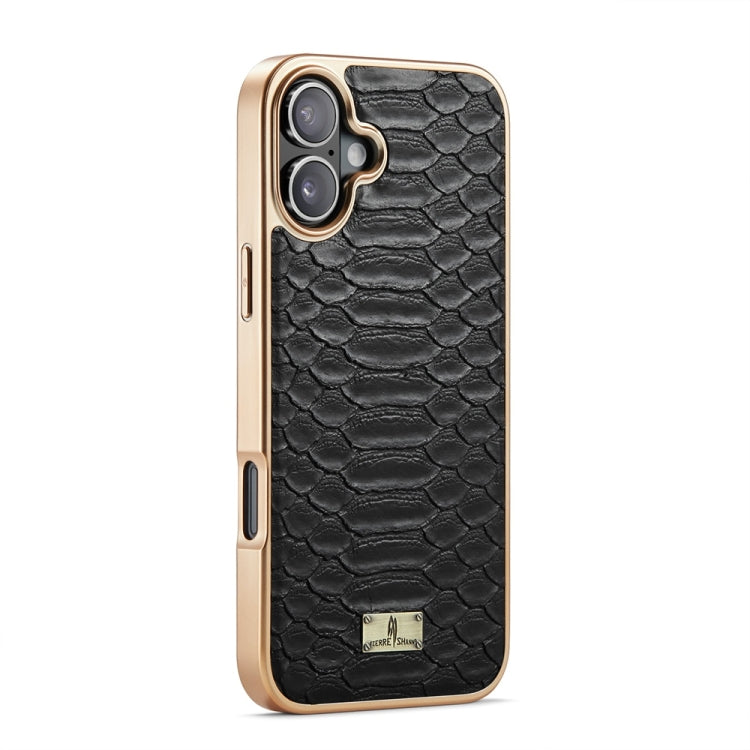 For iPhone 16 Plus Fierre Shann Python Texture Electroplating PU Phone Case(Black)