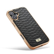 For iPhone 16 Plus Fierre Shann Python Texture Electroplating PU Phone Case(Black)