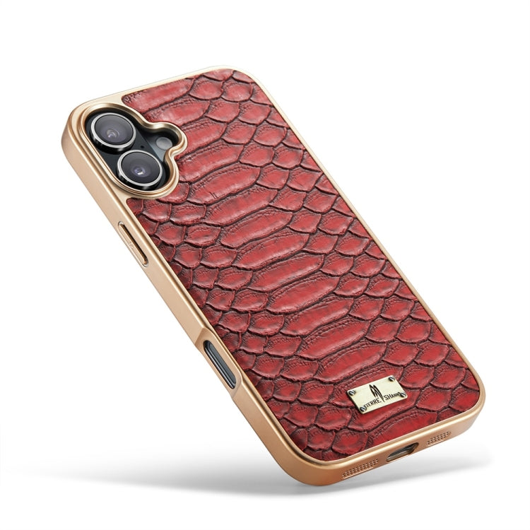 For iPhone 16 Plus Fierre Shann Python Texture Electroplating PU Phone Case(Red)