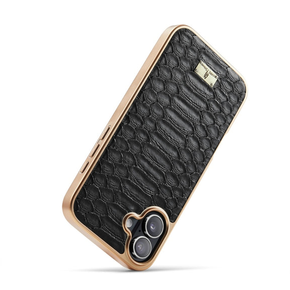 For iPhone 16 Fierre Shann Python Texture Electroplating PU Phone Case(Black)