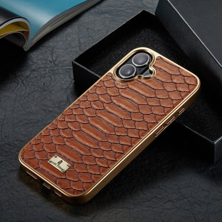 For iPhone 16 Fierre Shann Python Texture Electroplating PU Phone Case(Brown)