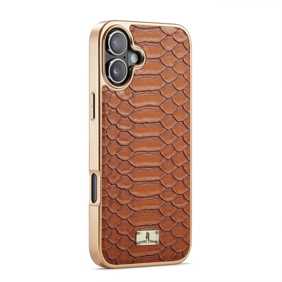 For iPhone 16 Fierre Shann Python Texture Electroplating PU Phone Case(Brown)