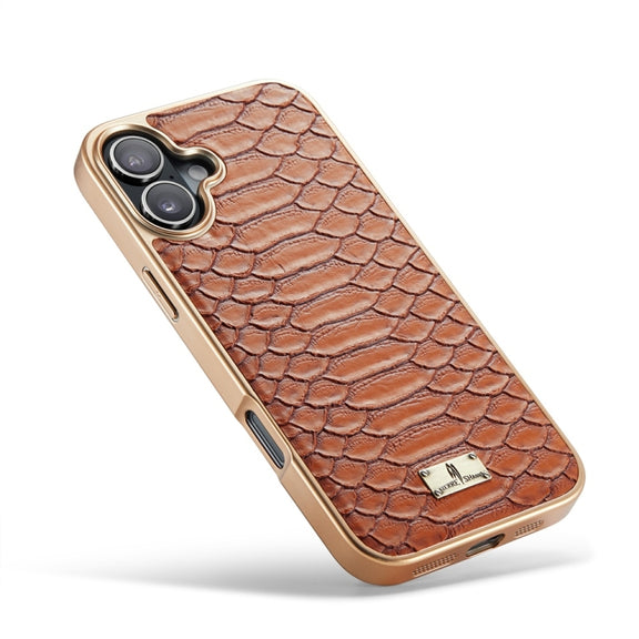 For iPhone 16 Fierre Shann Python Texture Electroplating PU Phone Case(Brown)