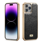 For iPhone 15 Pro Max Fierre Shann Snake Texture Electroplating PU Phone Case(Black)