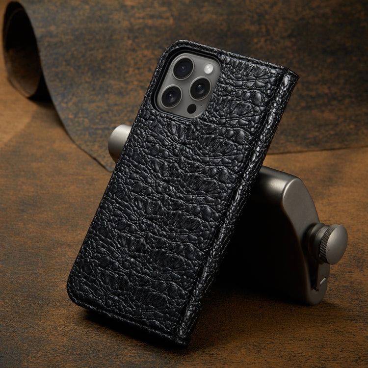 For iPhone 16 Pro Fierre Shann Crocodile Texture Magnetic Genuine Leather Phone Case(Black)