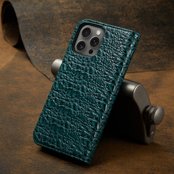 For iPhone 16 Pro Fierre Shann Crocodile Texture Magnetic Genuine Leather Phone Case(Green)
