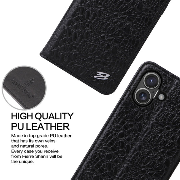 For iPhone 16 Plus Fierre Shann Crocodile Texture Magnetic Genuine Leather Phone Case(Black)