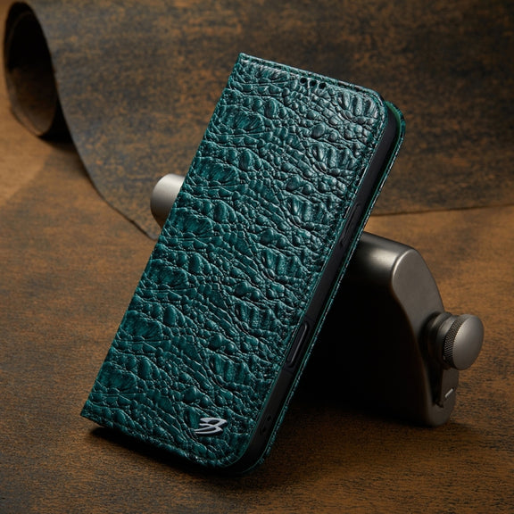 For iPhone 16 Plus Fierre Shann Crocodile Texture Magnetic Genuine Leather Phone Case(Green)