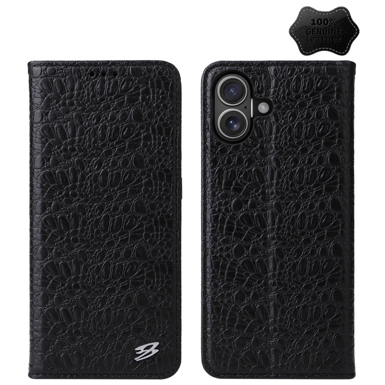 For iPhone 16 Fierre Shann Crocodile Texture Magnetic Genuine Leather Phone Case(Black) - free shipping - PMC Jewellery - Order now!