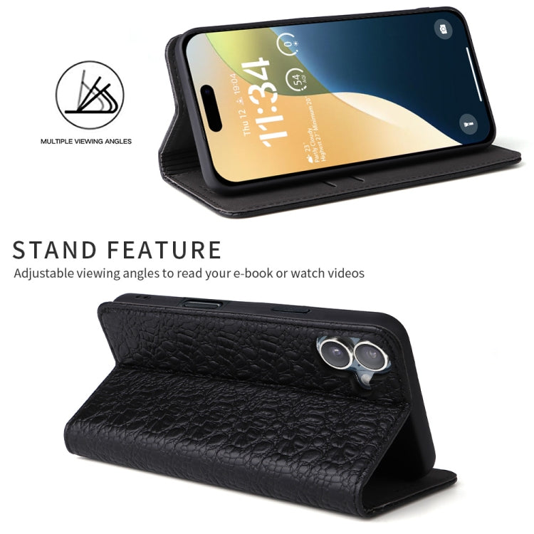 For iPhone 16 Fierre Shann Crocodile Texture Magnetic Genuine Leather Phone Case(Black) - free shipping - PMC Jewellery - Order now!