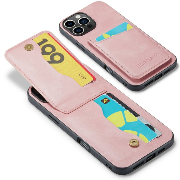 For iPhone 16 Pro Max Fierre Shann Crazy Horse Card Holder Back Cover PU Phone Case(Pink)