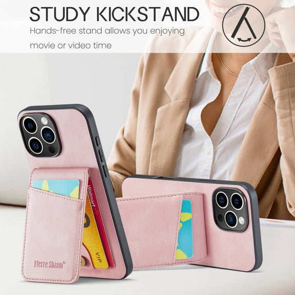 For iPhone 16 Pro Max Fierre Shann Crazy Horse Card Holder Back Cover PU Phone Case(Pink)