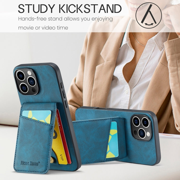 For iPhone 16 Pro Fierre Shann Crazy Horse Card Holder Back Cover PU Phone Case(Blue)