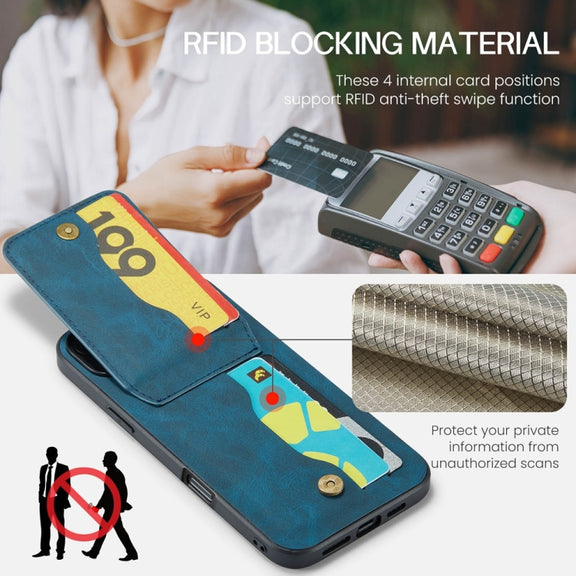 For iPhone 16 Pro Fierre Shann Crazy Horse Card Holder Back Cover PU Phone Case(Blue)